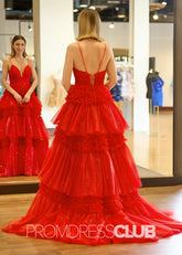 Ingrid | Tiered Pleats Ruffles Spaghetti Straps Red Tulle Prom Dress - Price #price_variant_lowest# - Red - PromDressClub